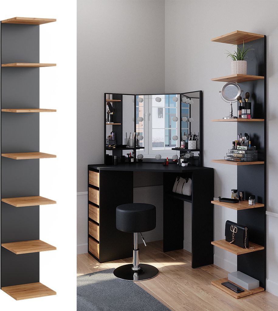 A corner vanity with a tri-fold mirror and stool, flanked by two tall, narrow shelving units.
