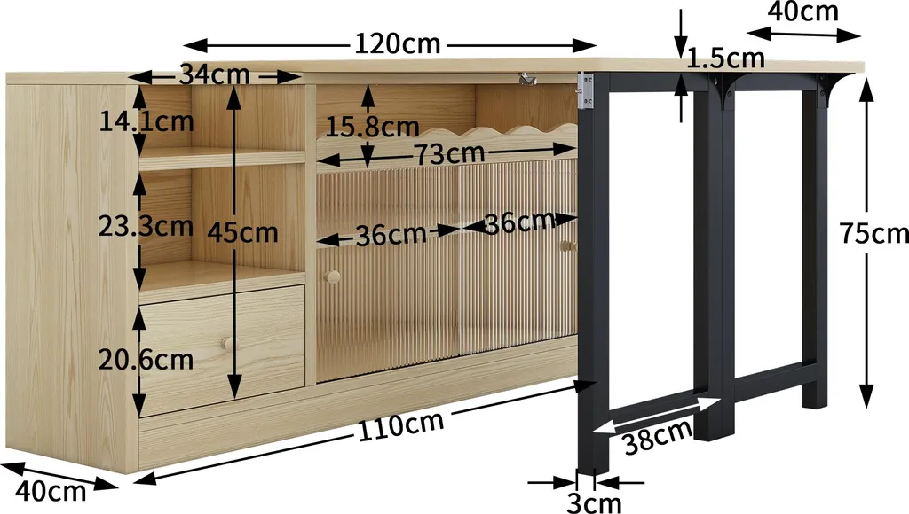 Sweiko Table à manger pliante extensible avec rangement Noir et Nature - 16