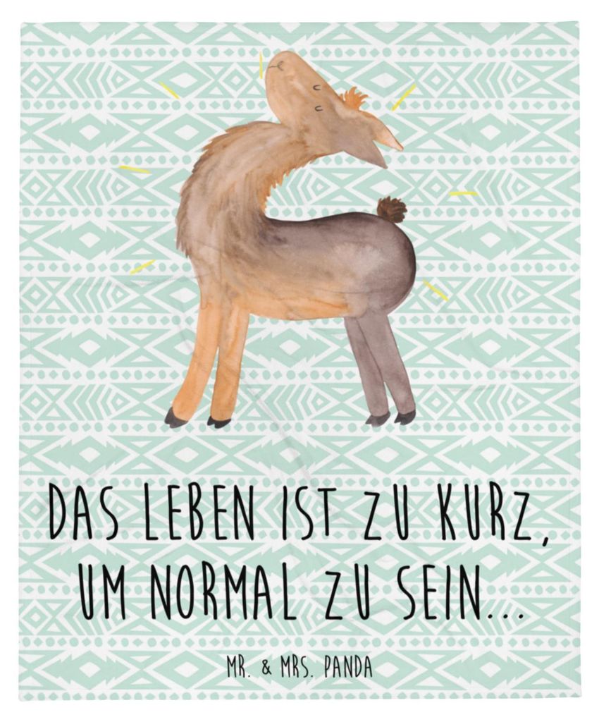 Mr. & Mrs. Panda Bettdecke Lama Stolz - Aztekenblau - Geschenk, Lamas, Sofadecke, Neustart, Familie, Family, Kuscheldecke, Sofaüberwurf, Hippie, P...