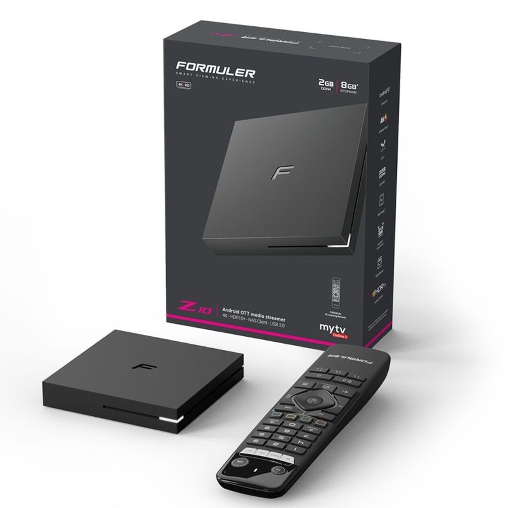 A product shot of a Formuler Z10 media streamer, its box, and remote control, presented on a white background.