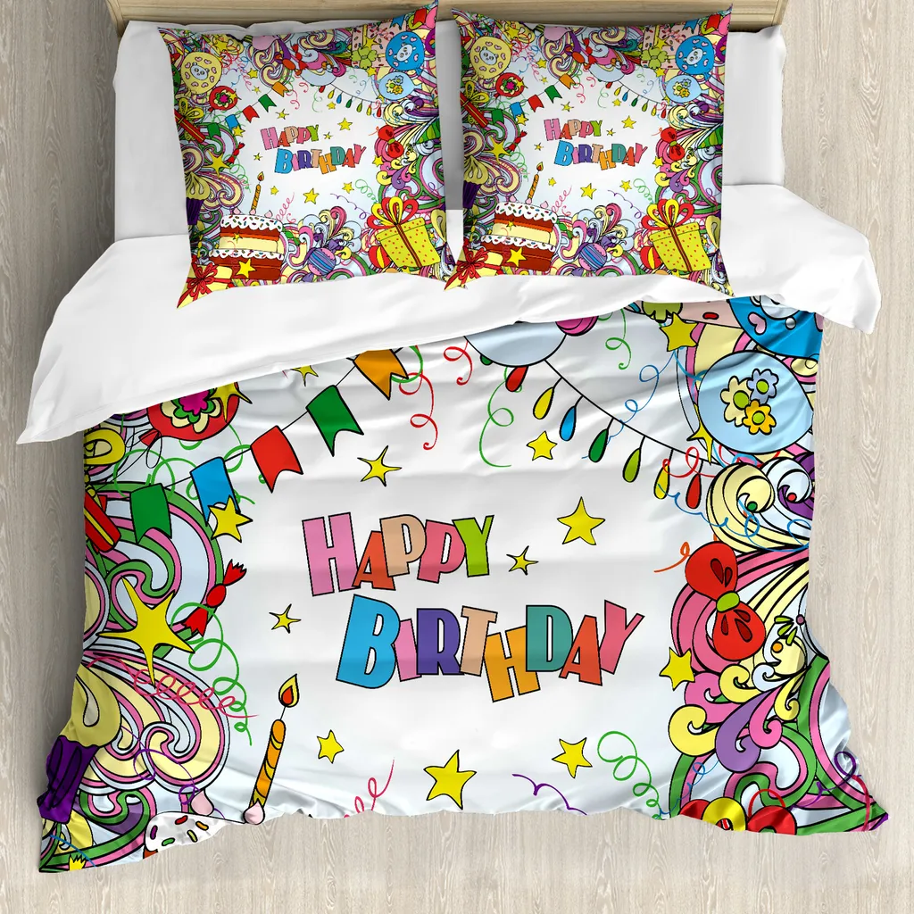 ABAKUHAUS Copripiumino per compleanno, festa colorata con personaggi dei cartoni animati, antiacaro, adatto a chi soffre di allergie, con federe, 155 cm x 220 cm - 80 x 80 cm, multicolore