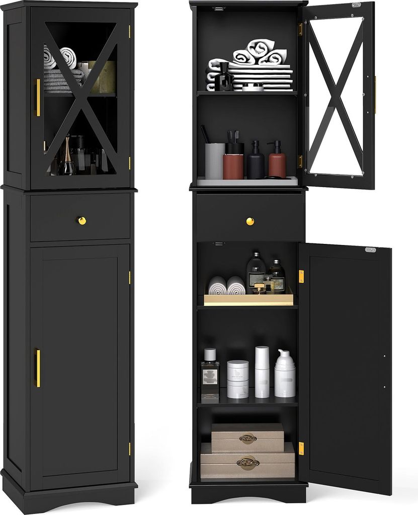 COSTWAY Badezimmerschrank, Hochschrank mit verstellbaren Einlegeböden, Schublade & 2 Türen, Badschrank hoch, Aufbewahrungsschrank, Schwarz