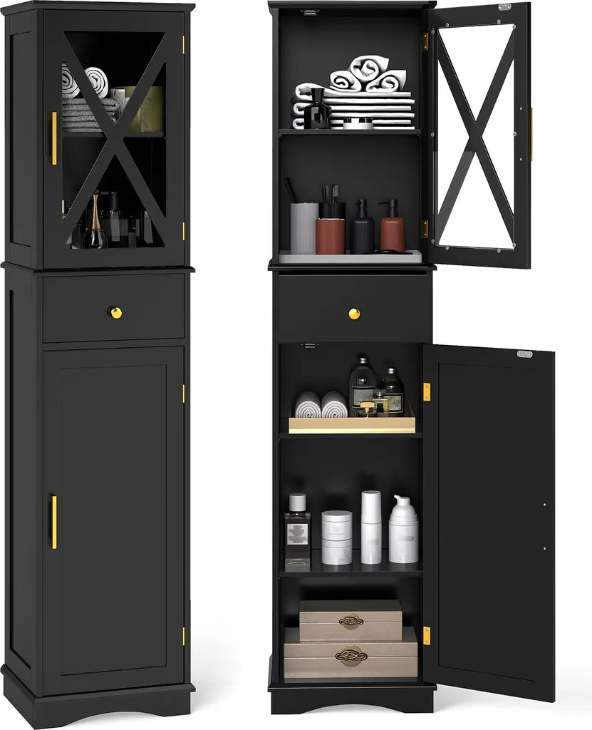 Armoire haute salle de bain 2 portes et tiroir, étagères ajustables
