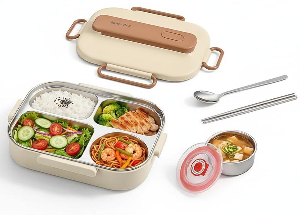 Lunchbox für Erwachsene 1500 ml + Suppenschalen 250 ml, auslaufsichere Bento-Lunchbox mit 4 Fächern, Kinder-Lunchbox mit Besteck, Snackbox, Früh...