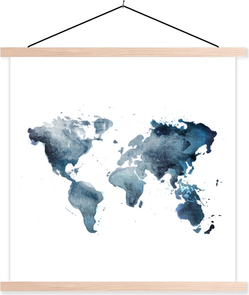 MuchoWow Textilposter Weltkarte - Aquarell - Blau 40x40 cm mit holzfarbenen Rahmen - Posterleiste