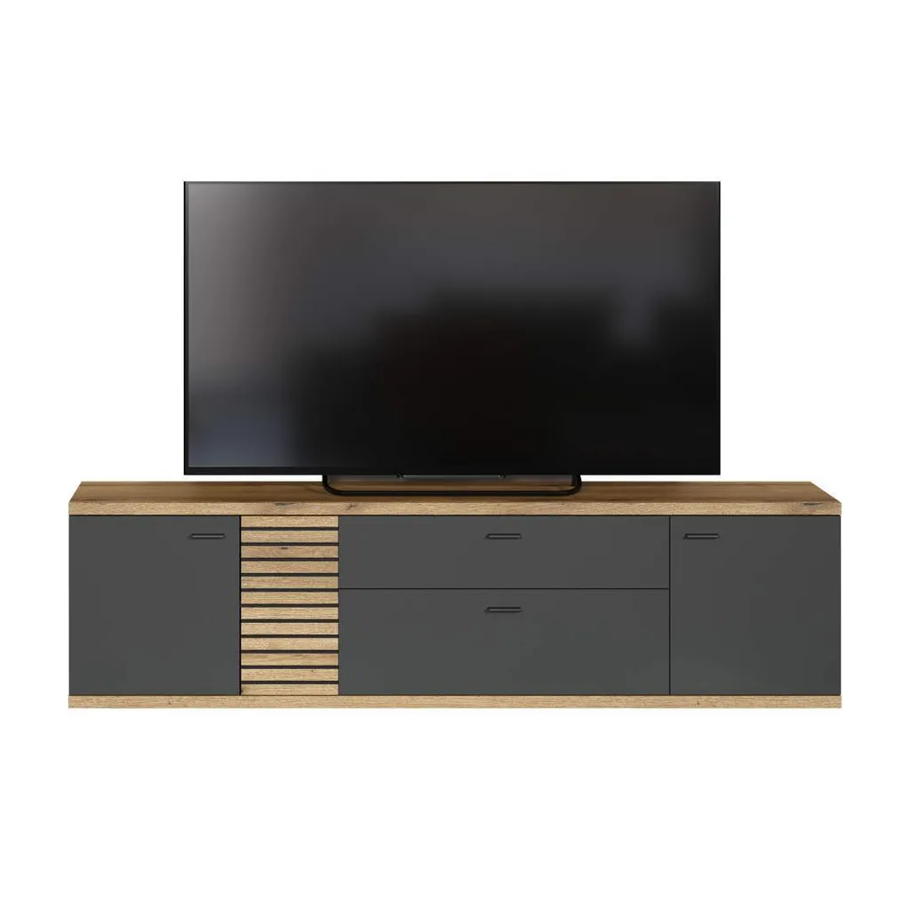 Meuble TV Norris pour Salon Gris et Chêne - Support Écran Plat avec Niches