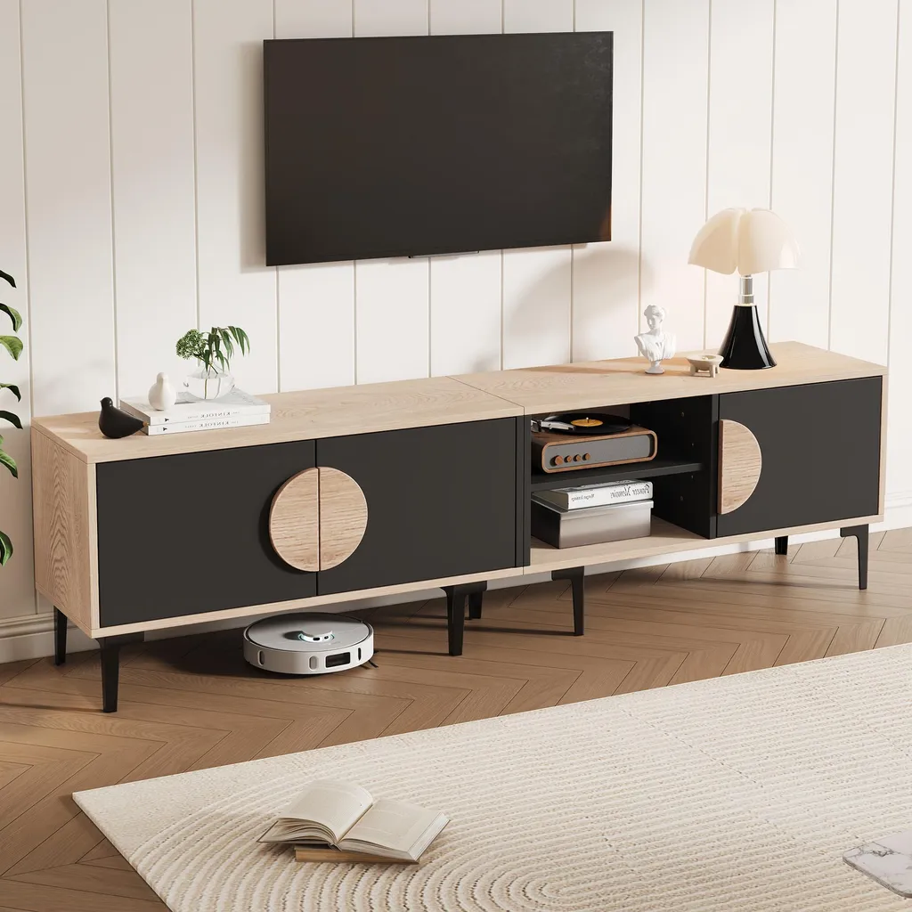 Merax Armoire TV Noire avec 3 Portes et Rangement Ouvert pour Salon