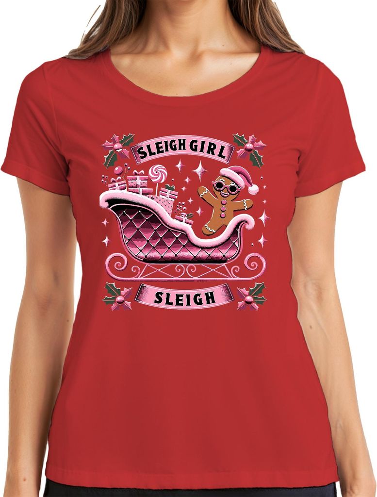 Sleigh Girl Weihnachten Lebkuchen Schlitten Geschenke Retro Damen T-Shirt, Rot, XL