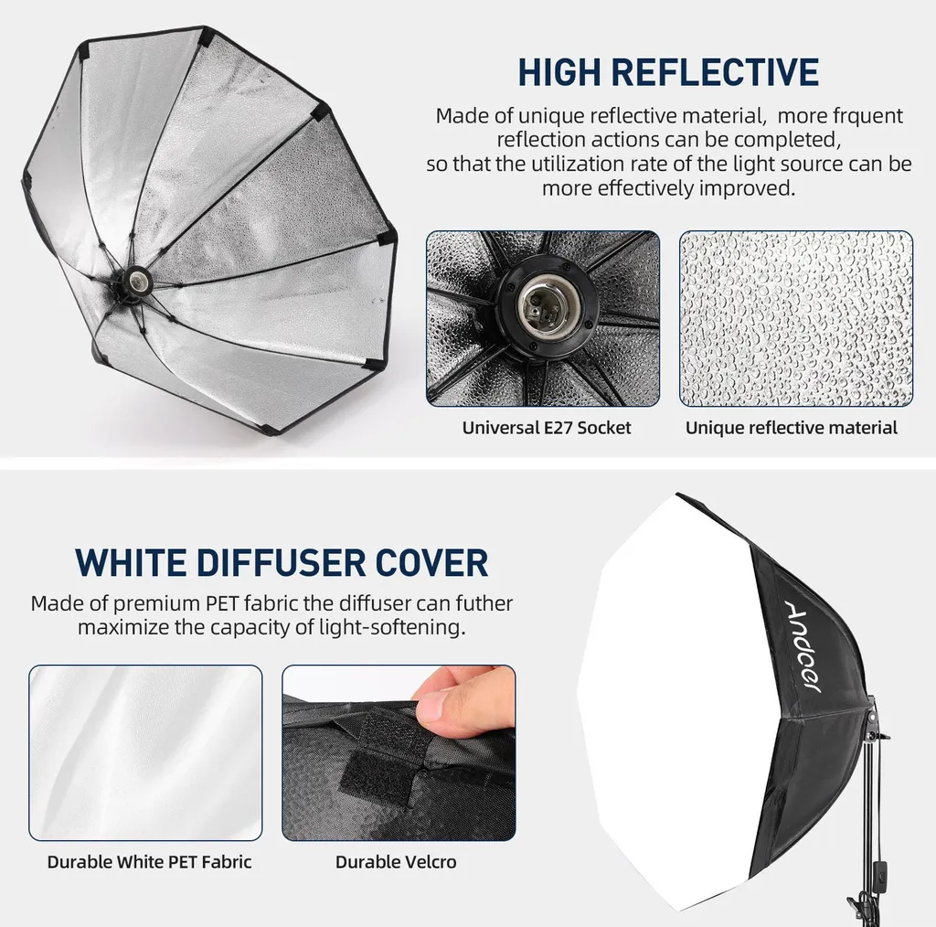 Andoer Kit Softbox Octogonale LED 85W avec Trépied 2m et Télécommande - 2