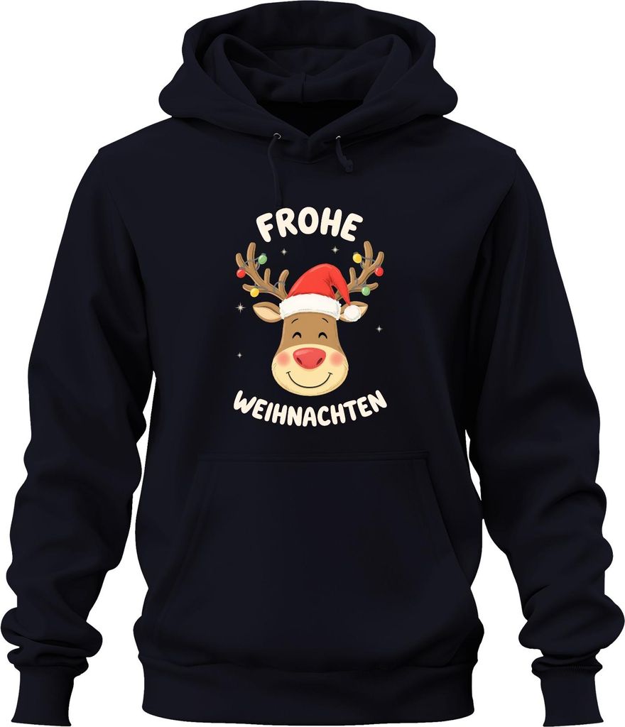 Frohe Weihnachten Rentier Weihnachtsmütze Cartoon Kinder Lustig Uni Hoodie Kapuzenpullover, Navy, XXL