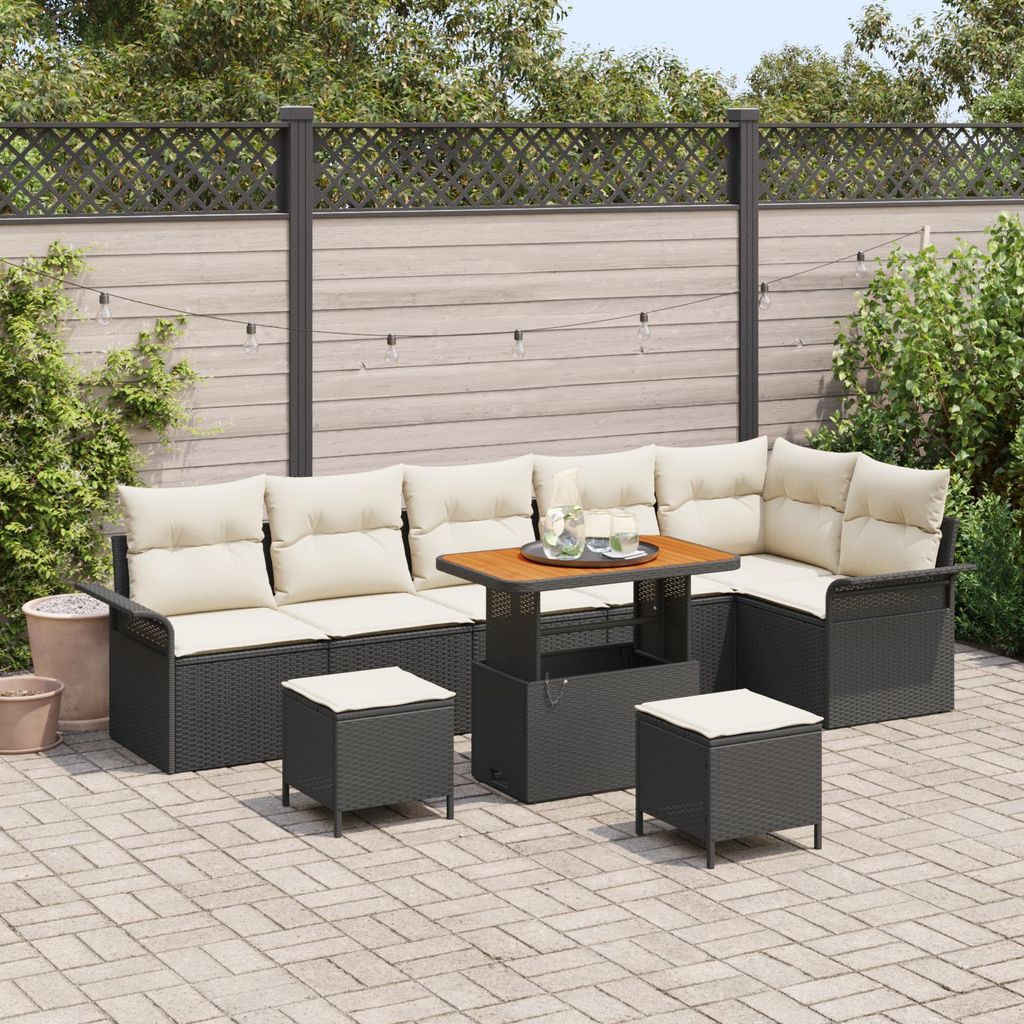 9-teiliges Garten Sofa Set mit Kissen Schwarz Poly Rattan Akazie, Design Gartensofas Neu