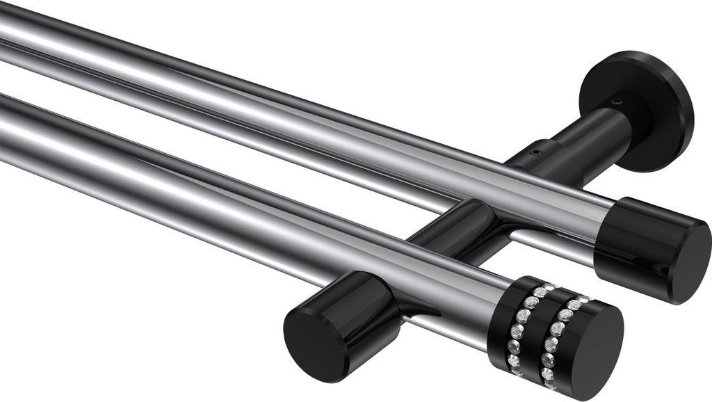Interdeco Gardinenstange / Vorhangstange Chrom / Schwarz, Typ Prestige Estana (Glitzerkappe) ohne Ringe, 20 mm Ø 2-läufig, 440 cm