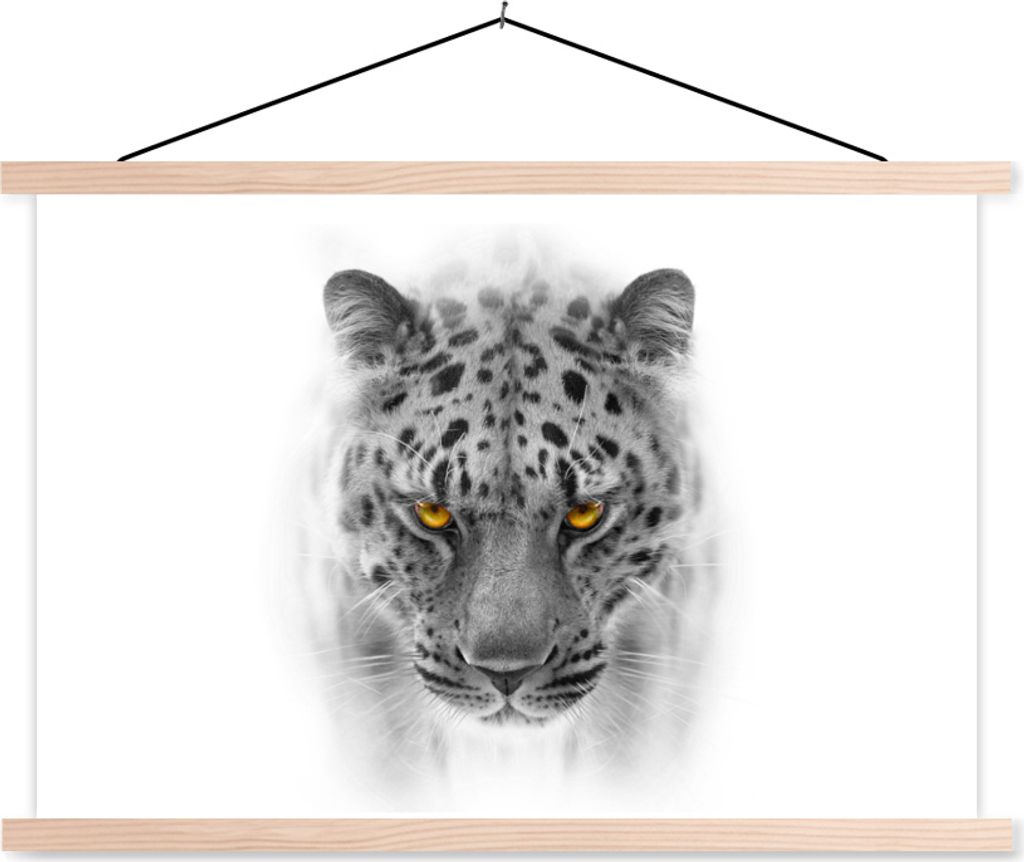 MuchoWow Textilposter Leopard - Schwarz - Weiß - Kopf 60x40 cm mit holzfarbenen Rahmen - Bilder
