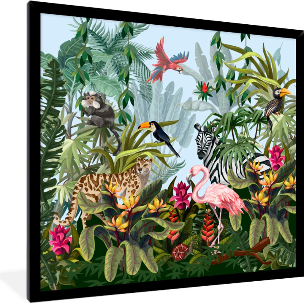 MuchoWow MuchoWow Gerahmtes Poster Dschungel - Natur - Jungen - Mädchen - Kinder - Zebra - Flamingo 40x40 cm - Poster mit zchwarzem Bilderrahm...