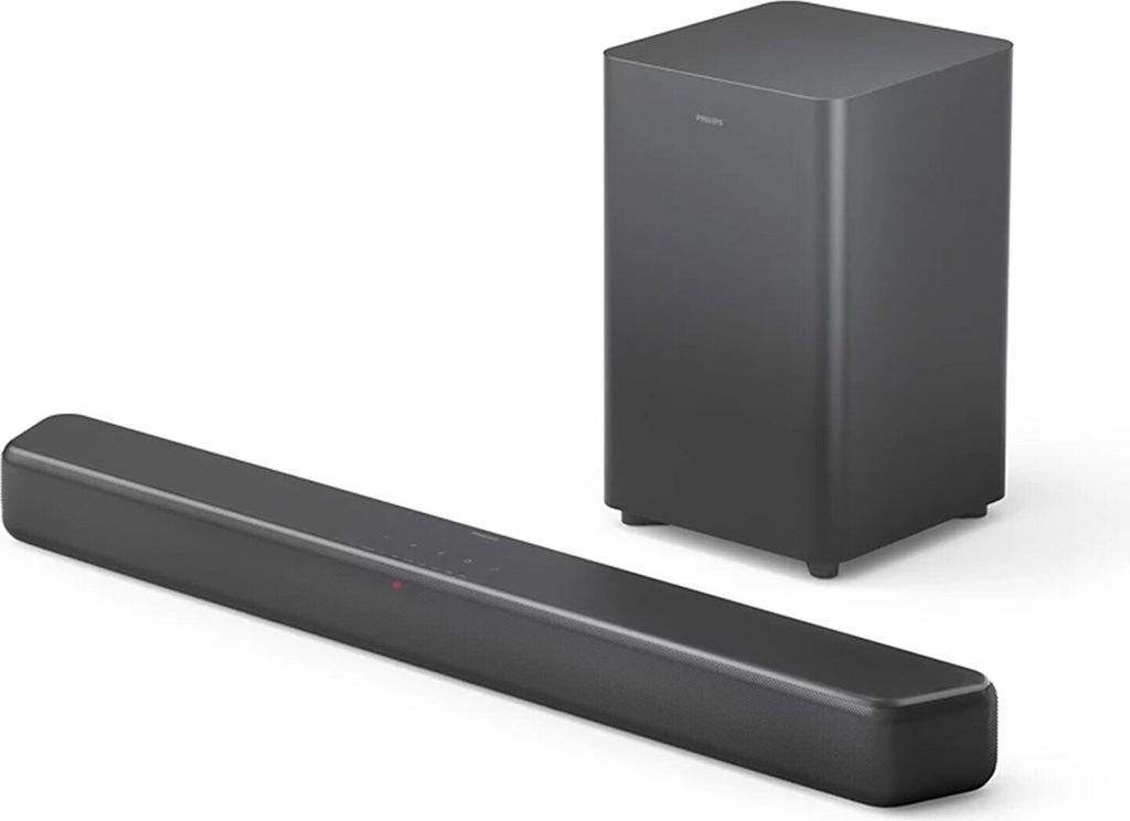 A soundbar and subwoofer are displayed on a white background.