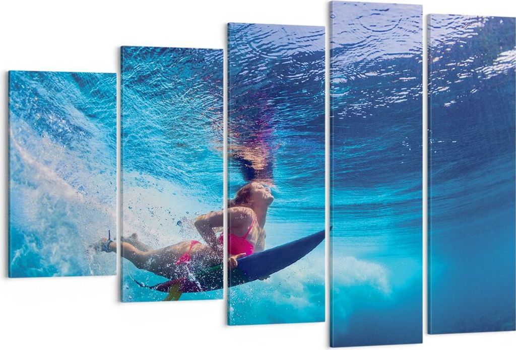 Bild auf Leinwand - Leinwandbild - 5 Teile - Surfen Frau Unterwasser - 150x100cm - Wand Bild - Wanddeko - Wandbilder - Leinwanddruck - Bilder - Wan...