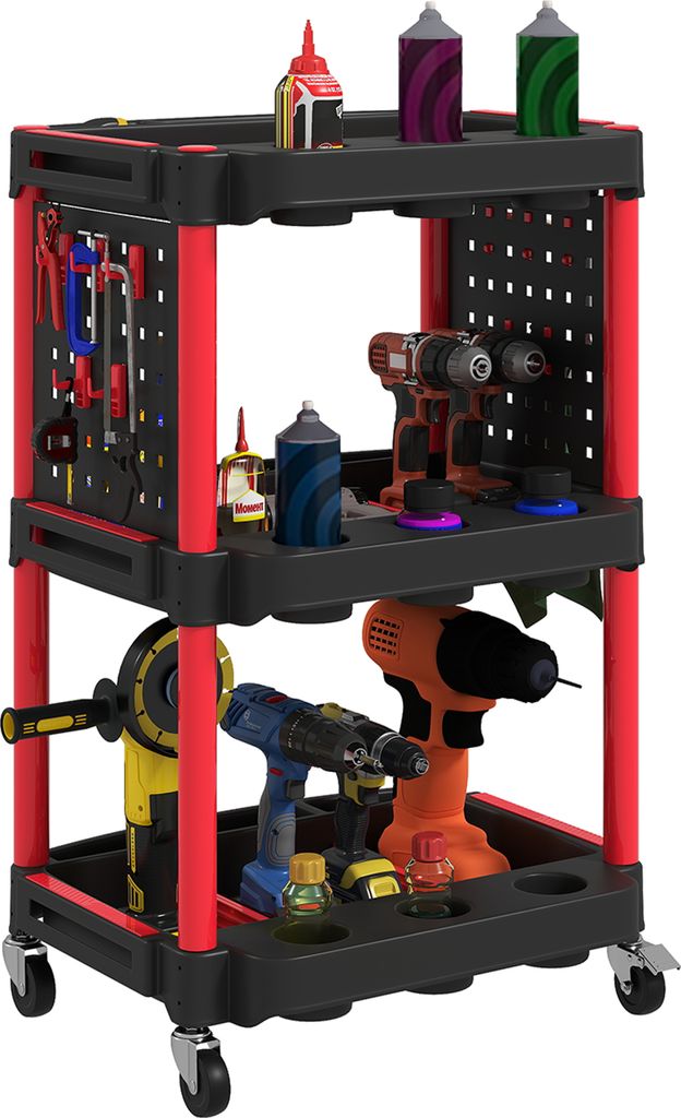 HOMCOM Werkstatt-Rollwagen mit 3 Etagen, Seitenlochregalen, Werkzeugwagen mit 10 Haken, Hakenlöchern Werkstattwagen für Werkzeug für Garage, Lag...