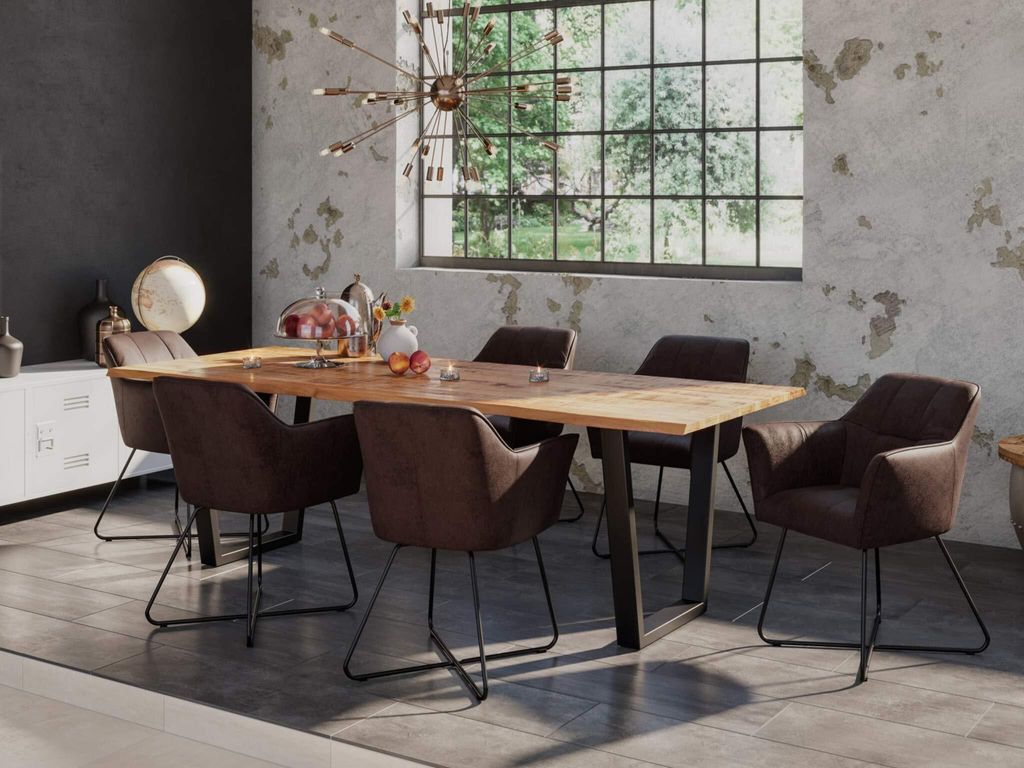 7tlg. Essgruppe Dora 200 x 100 cm, Mangoholz massiv & naturfarben, Baumkantentisch mit V-Metallgestell in Mattschwarz + 6X Stuhl Kirin in Wildleder...