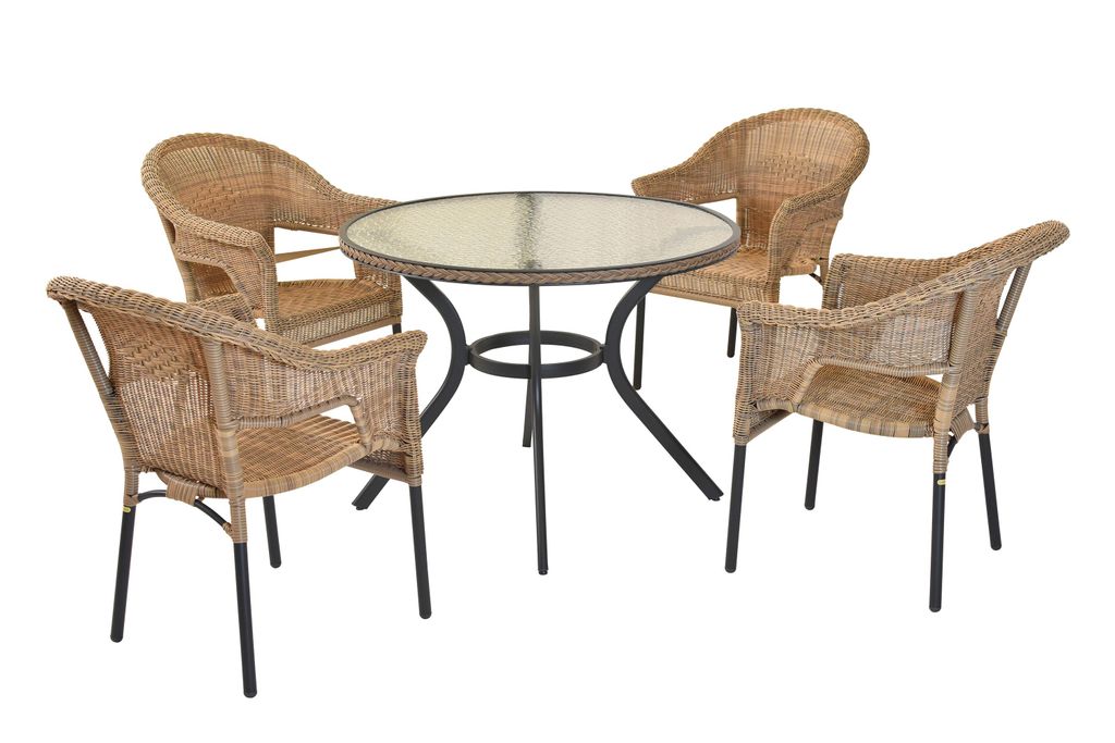 Merxx Gartenmöbel Set Ravenna 5tlg., 4 Stapelsessel, Tisch Ø 100 cm, natur - Aluminium/Polyrattan