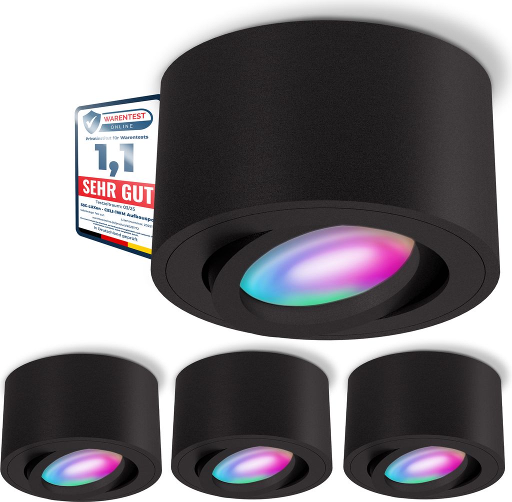 SSC-LUXon 4er Set CELI-1BM Aufbauspot flach schwenkbar schwarz mit WLAN Smart RGB LED Lampe - Deckenspot kompatibel mit Alexa, Siri & Google