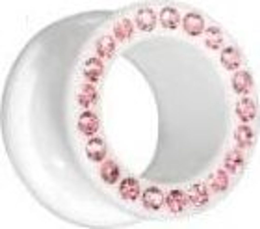 Ohr Flesh Tunnel Piercing Acryl Screw on Weiss Mit Kristallen Steinen Rosa.VFTWHJ.6mm
