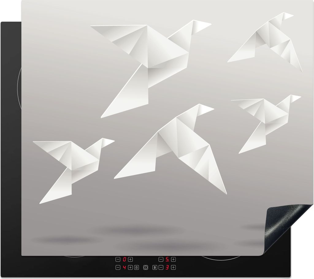 KitchenYeah Herdabdeckplatte Eine Illustration von fliegenden Origami-Vögeln , 57x51cm, Küche Deko, Glaskeramikfeld Herdabdeckung, Abdeckplatte...