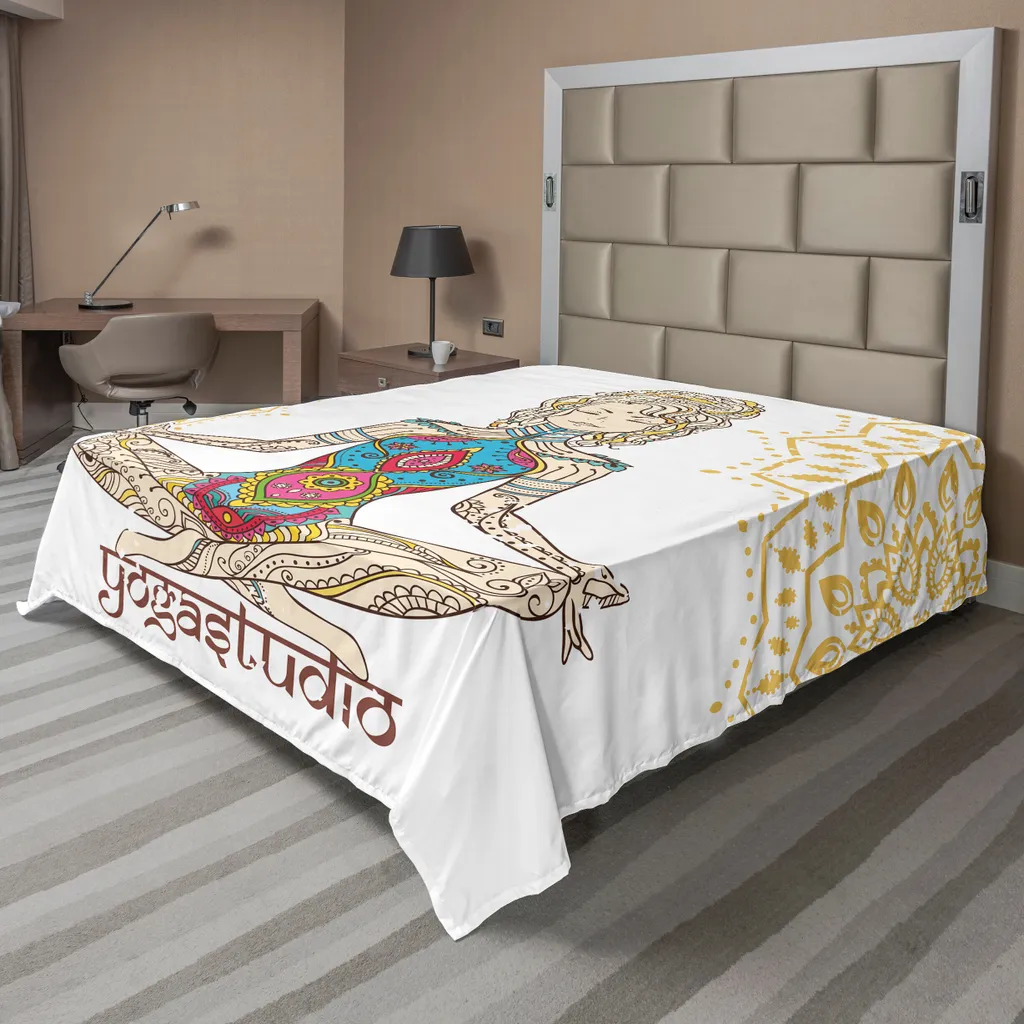 ABAKUHAUS Lenzuolo Chakra, ragazza in posizione yoga con numeri etnici sul corpo - motivo forza del corpo-fede, lenzuolo morbido e confortevole per un letto decorativo 1 pezzo 275 cm x 260 cm, multicolore