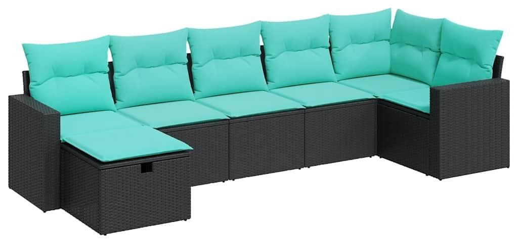 vidaXL 7-tlg. Garten-Sofagarnitur mit Kissen Schwarz Poly Rattan