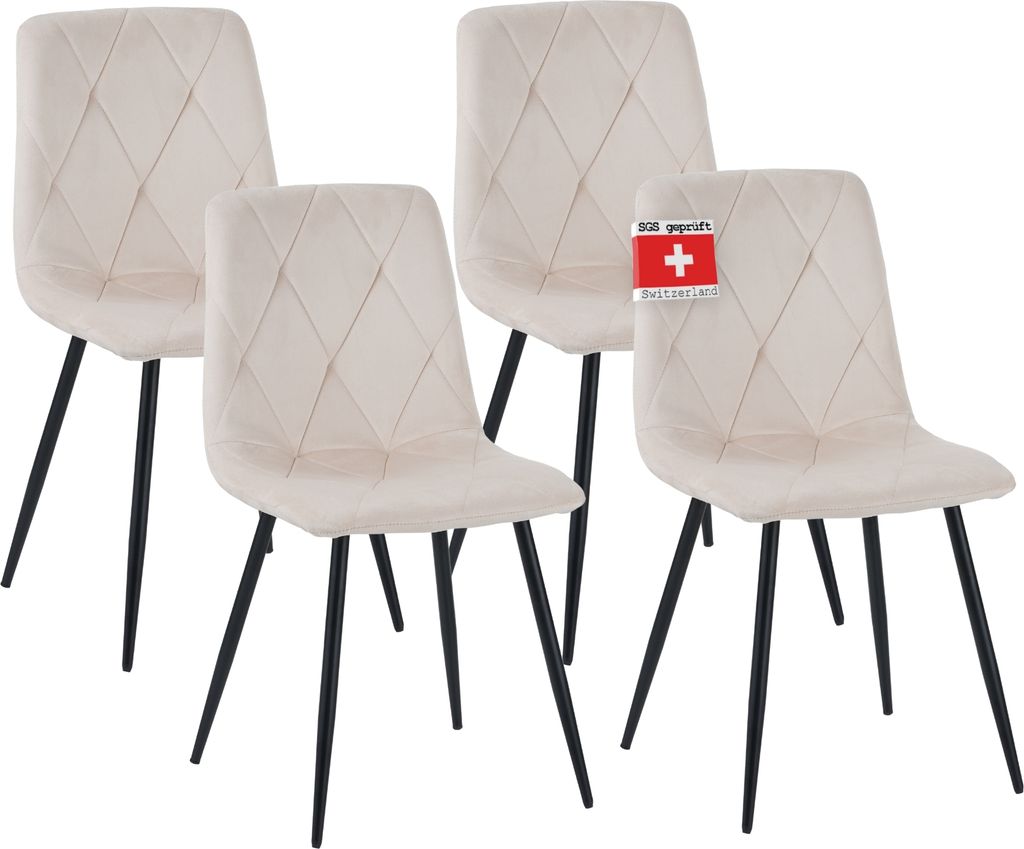 Four beige dining chairs with diamond-stitched upholstery and black metal legs are arranged in a group against a white background.