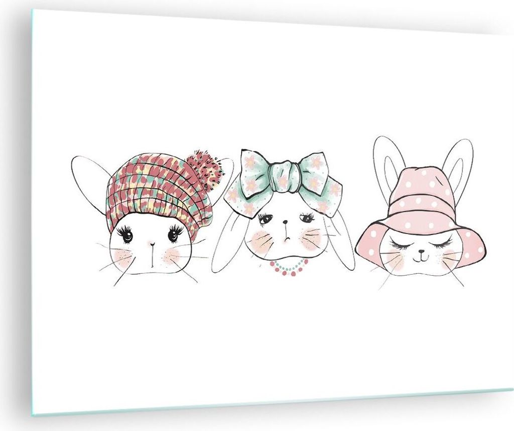 Bilder auf glas - Bunnys Hüte Illustration Kinder - 70x50cm - Glasbilder - Wandbilder - Kunstdruck - zum Aufhängen bereit - Wanddekoration aus Gl...