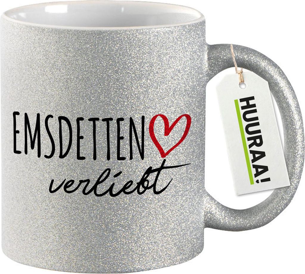 Huuraa Glitzertasse Emsdetten verliebt 330ml Silber Keramik Kaffeebecher Geschenkidee