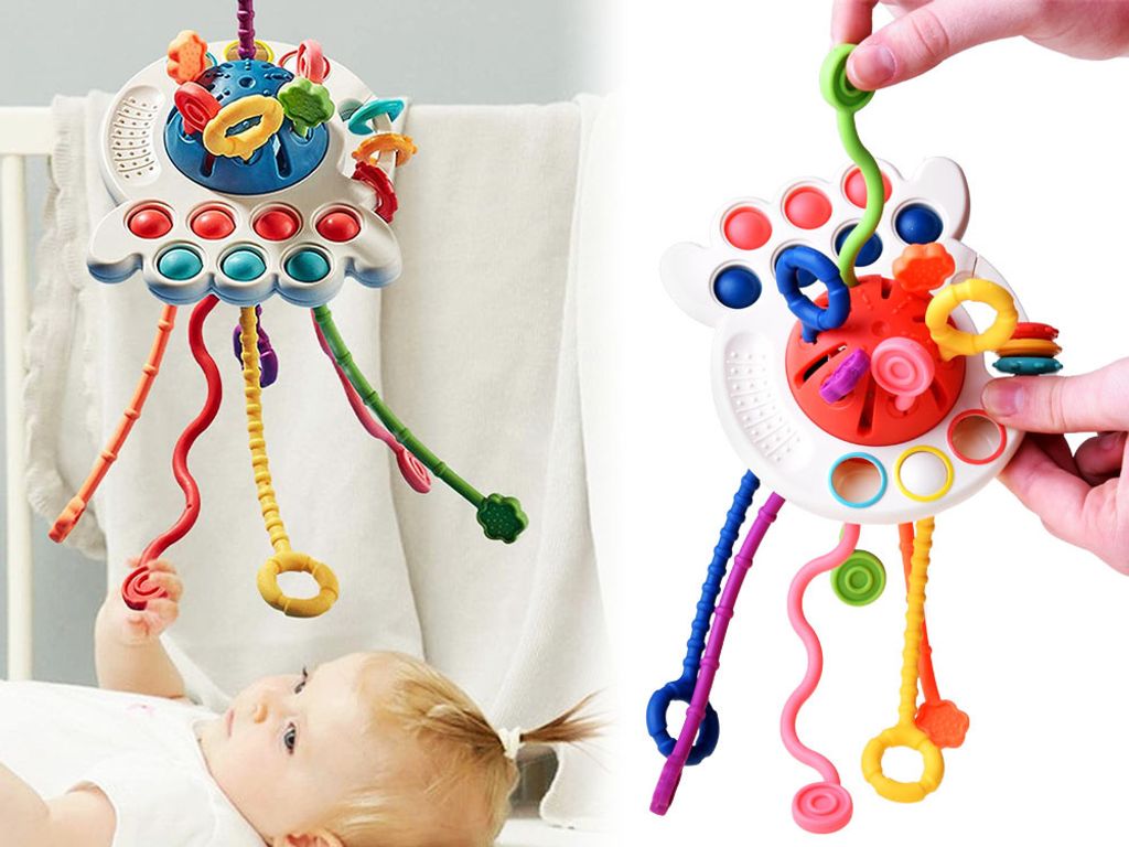 A baby playing with a toy in a crib and a close-up of the toy being held by hands.