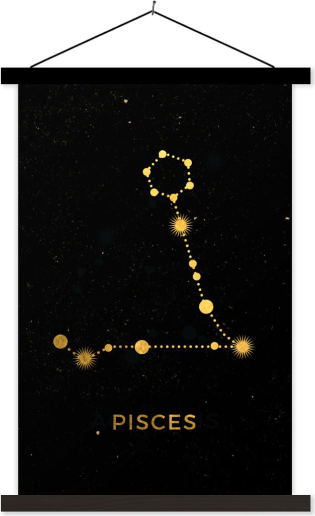 MuchoWow Textilposter Konstellation - Fische - Gold - Schwarz 40x60 cm mit schwarzem Rahmen - Wanddekorationen