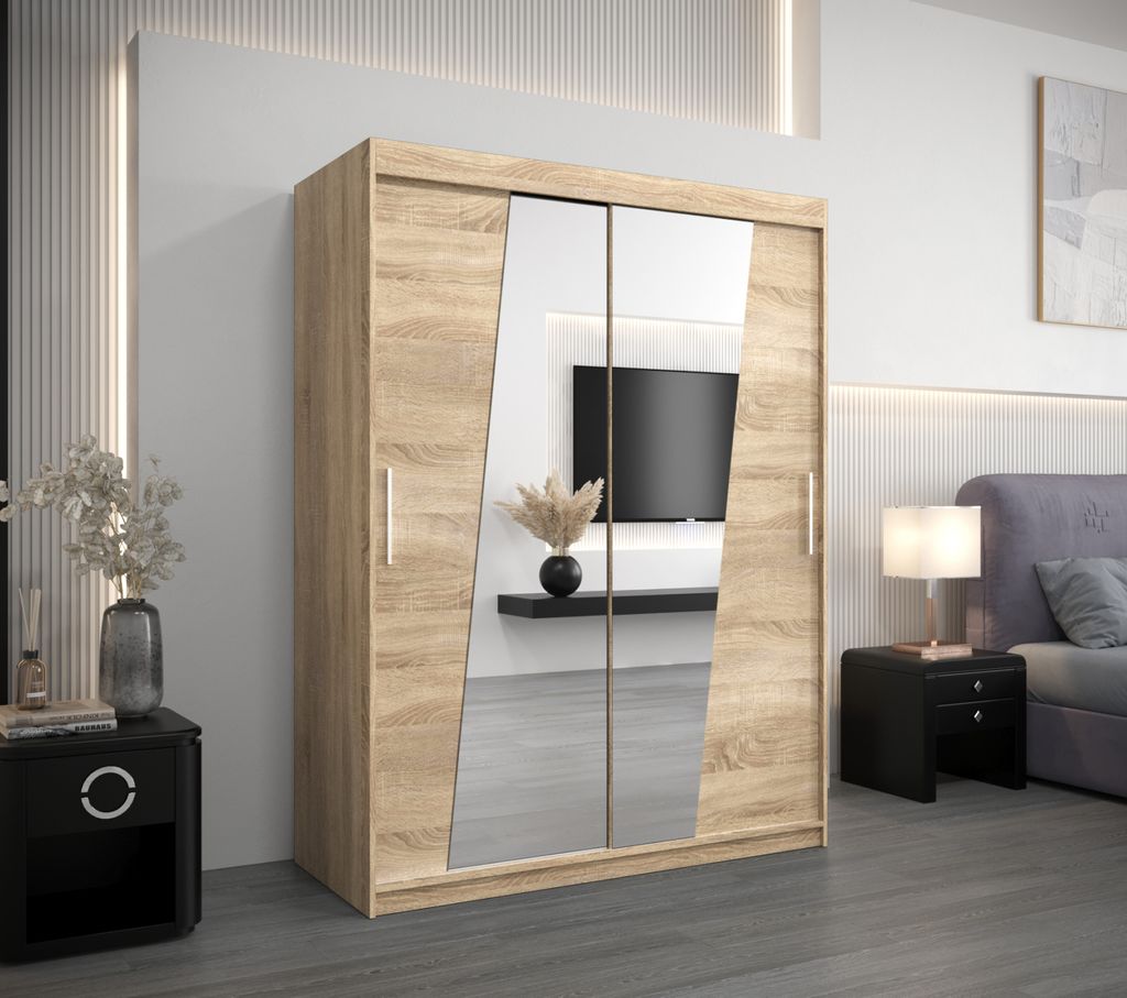 Kleiderschrank mit Spiegeln ELVIRA – Breite 150 cm, Eiche sonoma