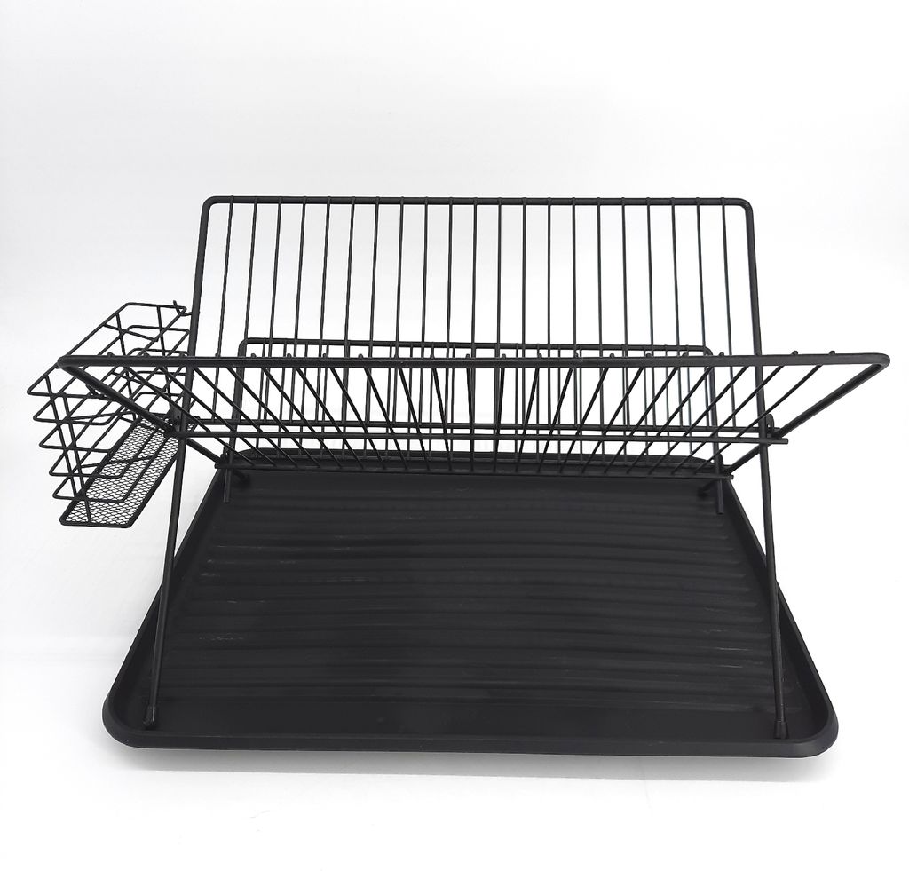 A black dish drying rack with a cutlery holder, shown against a white background.