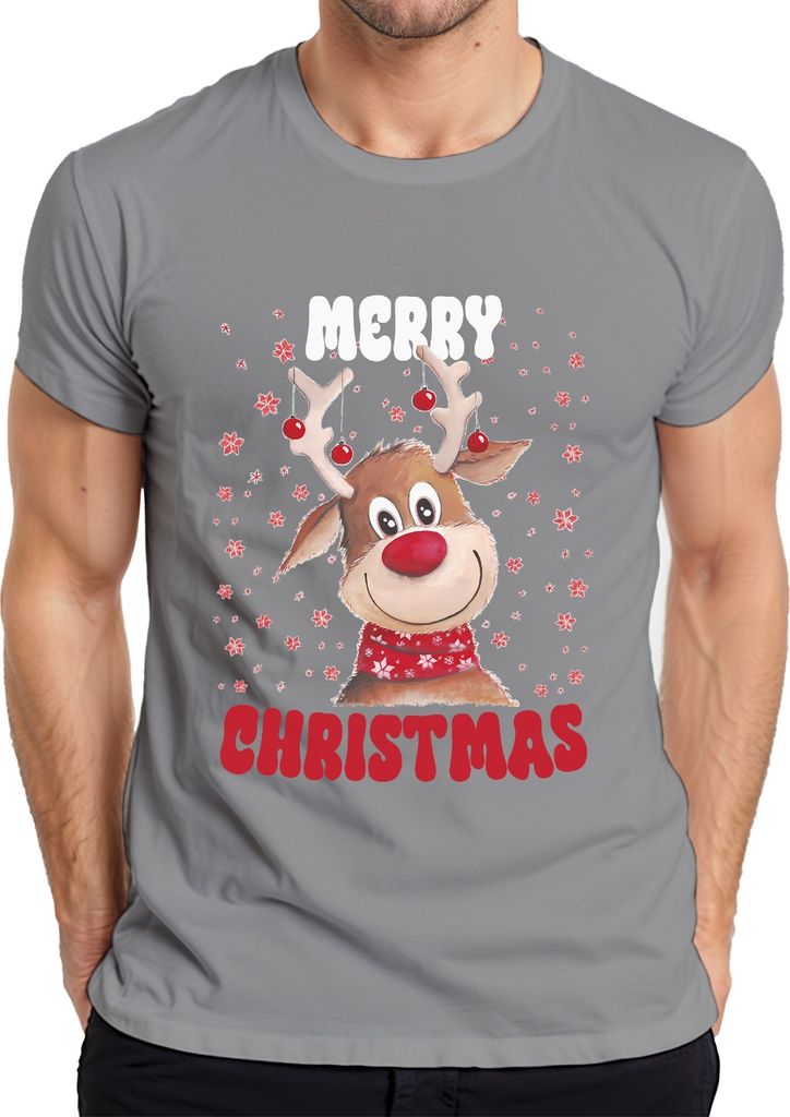 Merry Christmas Reh Rentier Süß - Weihnachten Xmas Christmas Herren T-Shirt, Grau, XL