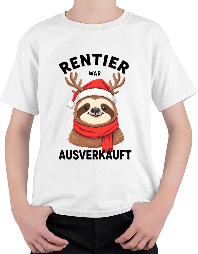 Rentier war t Faultier mit Geweih Weihnachtshut Uni Kinder T-Shirt, Weiß, 104
