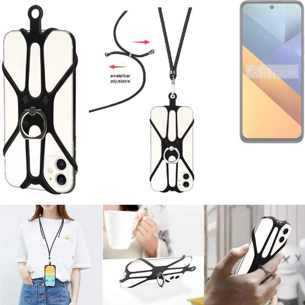 K-S-Trade 3in1 Handykette Handyband Handykordel Halsband Smartphone-Ring Handy-Ring kompatibel mit POCO M6 4G Fingerhalterung Handyring Tischständer
