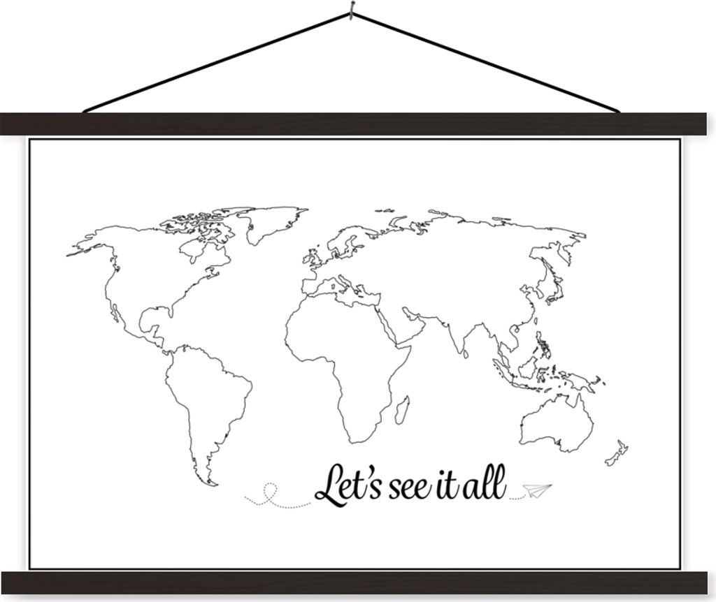 MuchoWow Textilposter Weltkarte - Einfach - Zitat - Kinder - Jungen - Mädchen 60x40 cm mit schwarzem Rahmen - Hölzernes