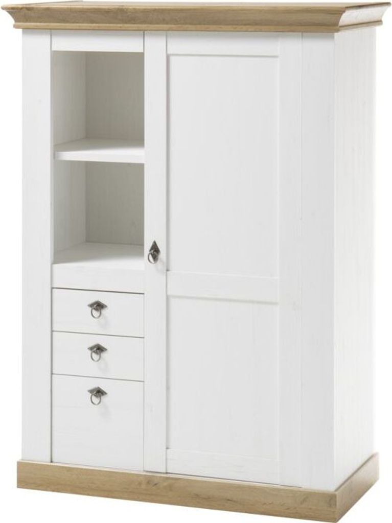 Landhaus Highboard Kommode in Pinie weiß matt LINARES-61 Absetzungen Wotan Eiche Nb. - B/H/T ca.: 102/139/44 cm
