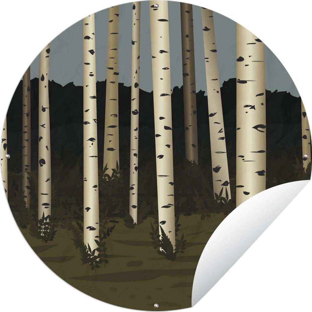 MuchoWow Gartenposter Outdoor-Poster Rund Eine Illustration eines Waldes mit Birken Ø 60 cm Gartendeko Rundes Poster draußen