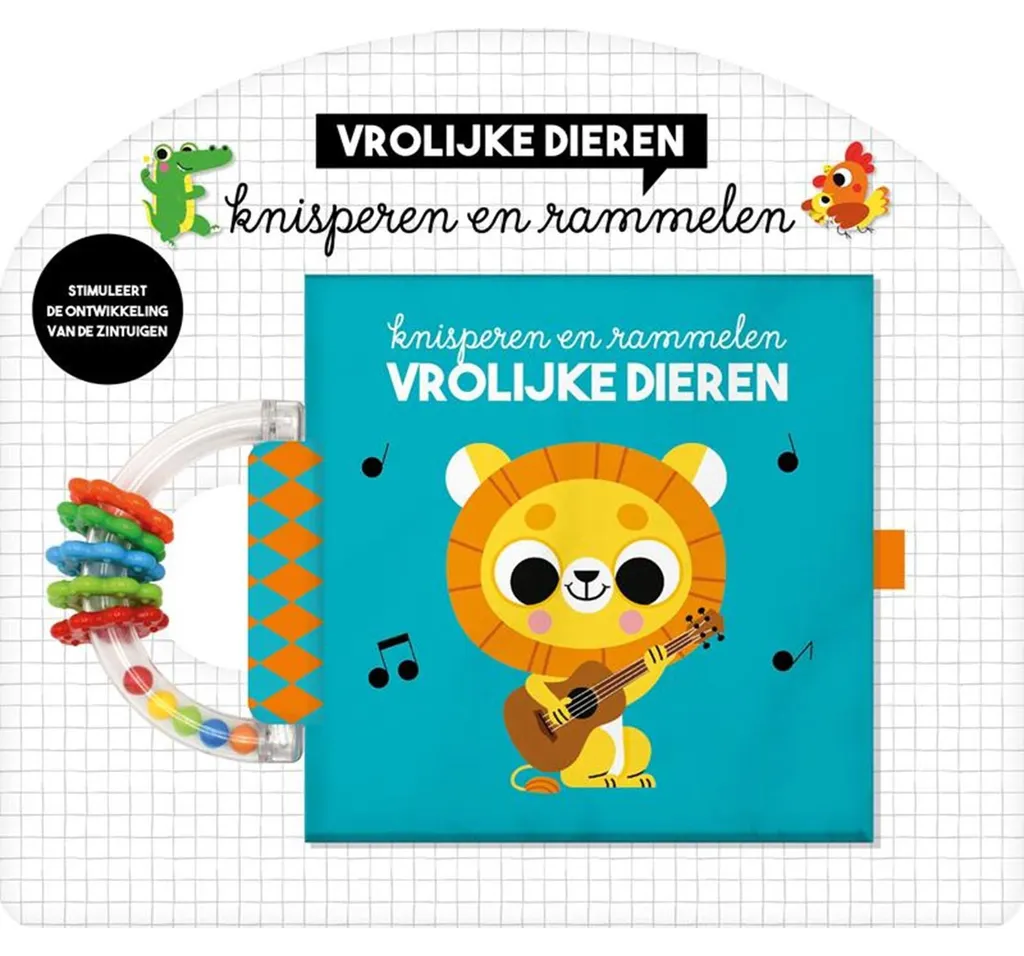 Livre bruissant pour bébé Animaux heureux, jouet d'éveil avec hochet
