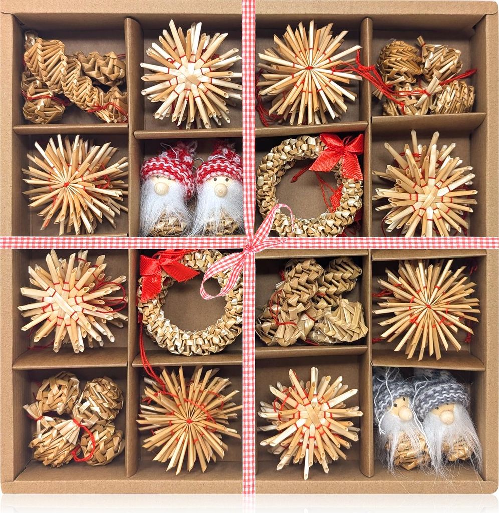com-four 56-teiliges Set Christbaumschmuck - Sterne, Glocken, Tannen, und traditionelle Figuren als Christbaum-Deko - kleine Stroh-Anhänger als ...