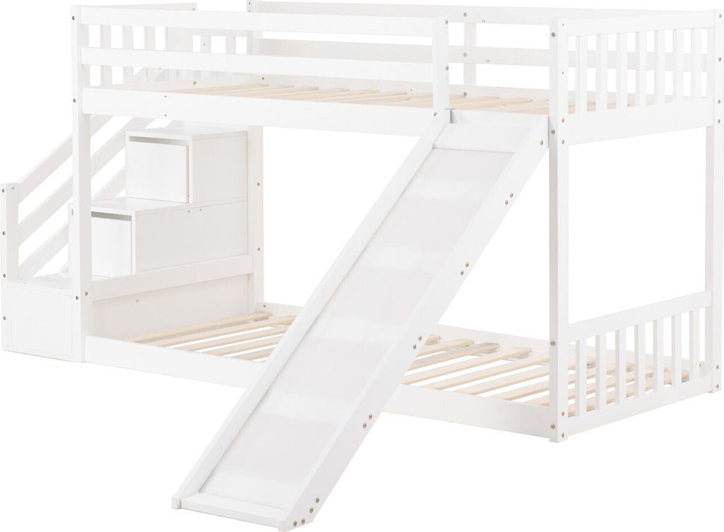 Etagenbett mit Treppe und Rutsche, Rahmen aus massivem Kiefernholz, Kinderbett mit 2 Schubladen in der Treppe, 90x200cm