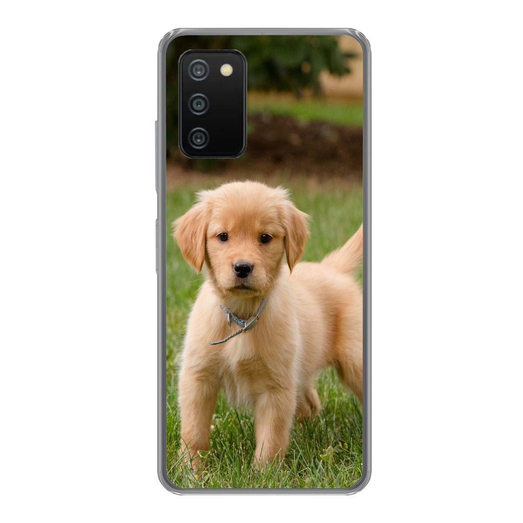 MuchoWow Handyhülle Schutzhülle Hülle für Samsung Galaxy A03s Golden Retriever Welpe im grünen Gras Silikon Softcase Handy Hülle - Schutz