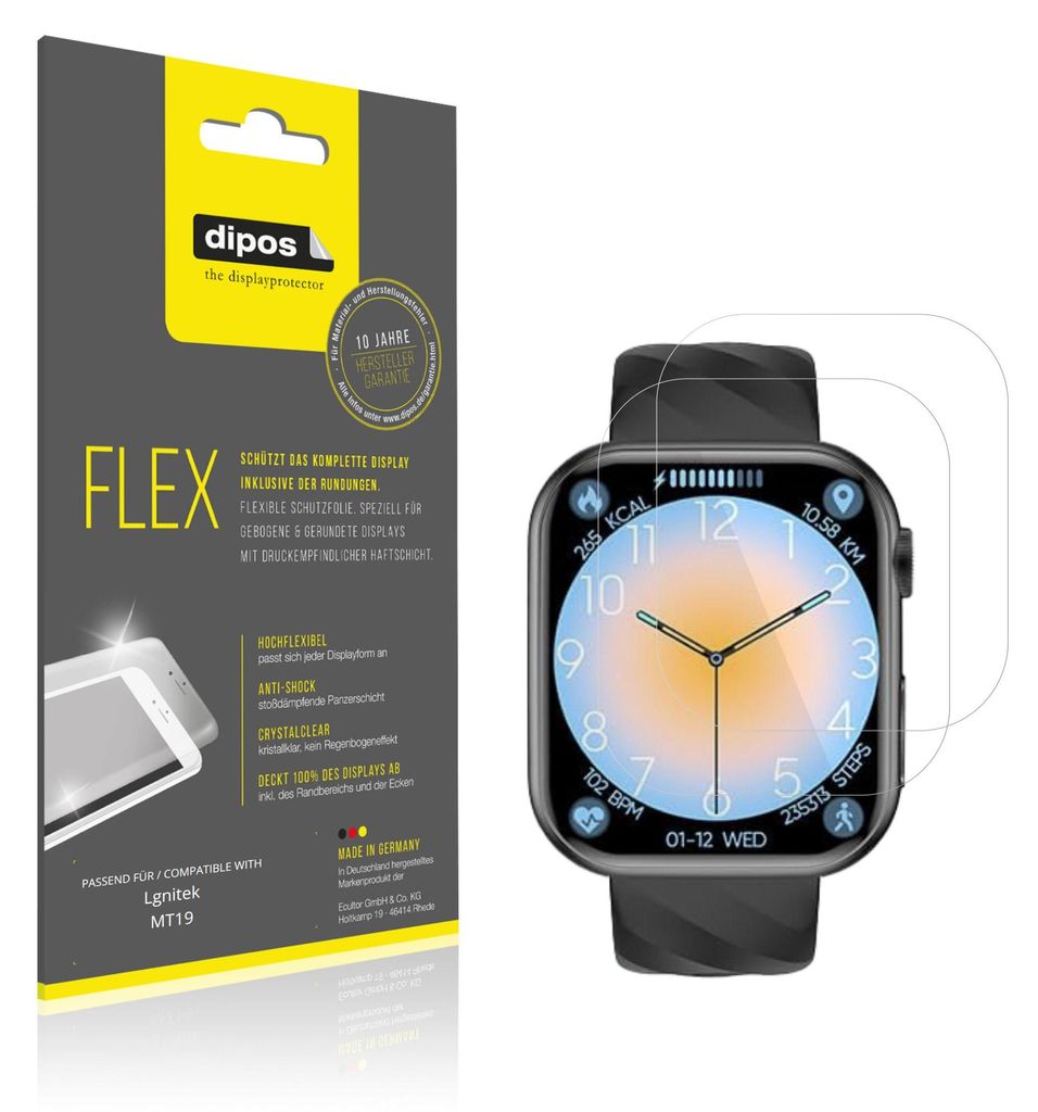 2x Schutzfolie für Lgnitek MT19 Folie, 100% Displayabdeckung, dipos Flex