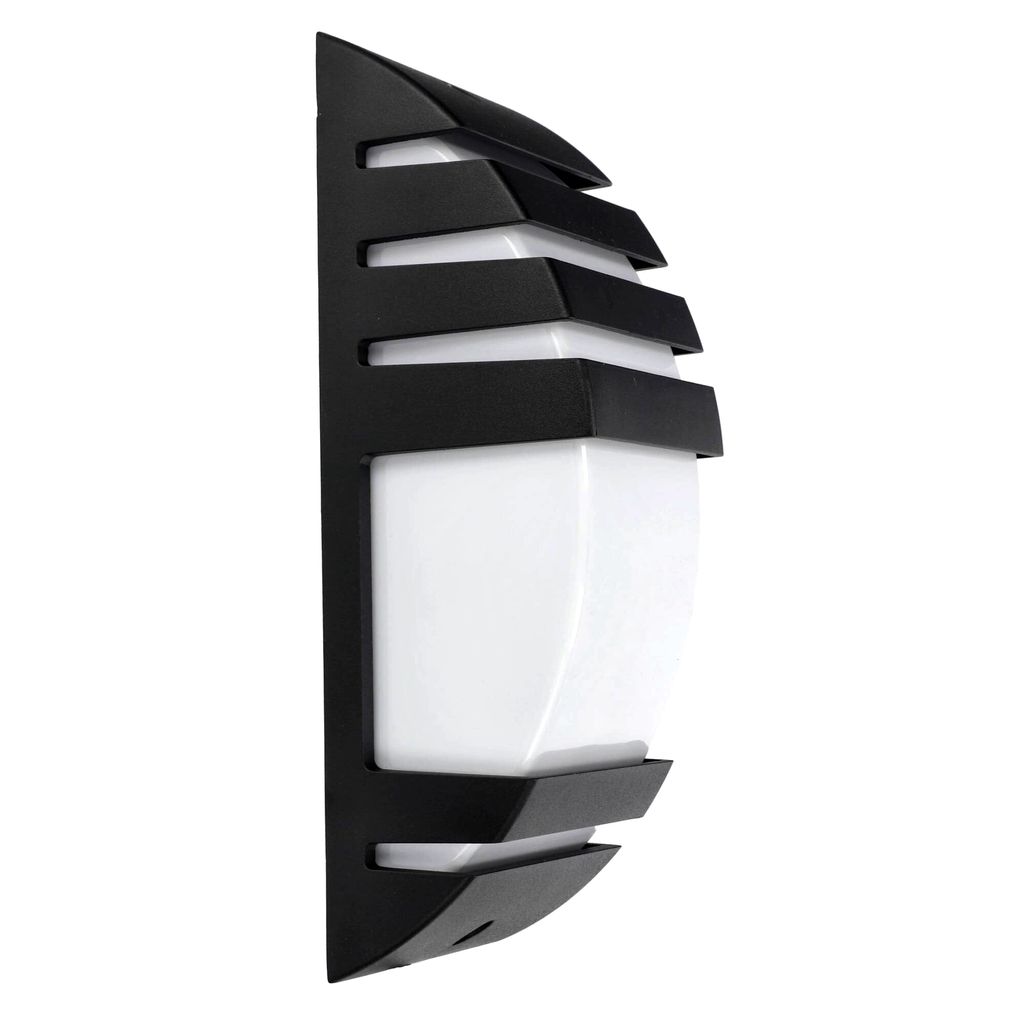 A black outdoor wall light with a white frosted glass diffuser, shown against a white background.