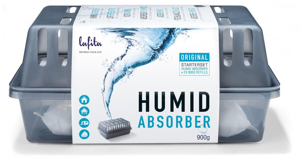 1x Lafita Luftentfeuchter 900 Gramm - Behälter mit 2 Nachfüllungen - Duftneutral - Granulat - Feuchtigkeit Absorber