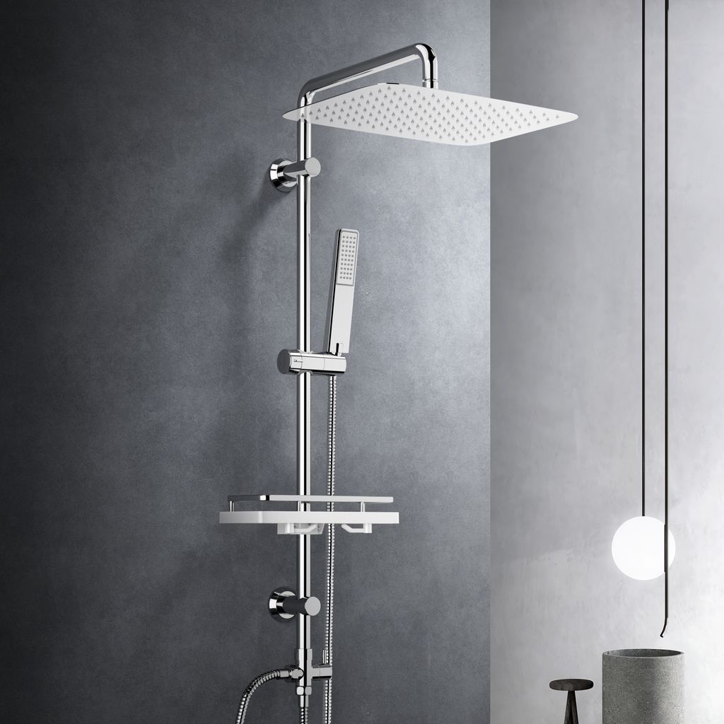 JOHO Regendusche Duschsystem ohne Duscharmatur, Duschset mit Duschablage, Edelstahl Duschstange, Kopfbrause 35*25cm Chrom