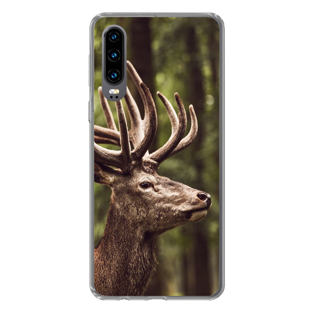 MuchoWow Handyhülle Schutzhülle Hülle für Huawei P30 Hirsch - Natur - Geweih - Wald - Tiere Silikon Softcase Handy Hülle - Kartenbesitzer